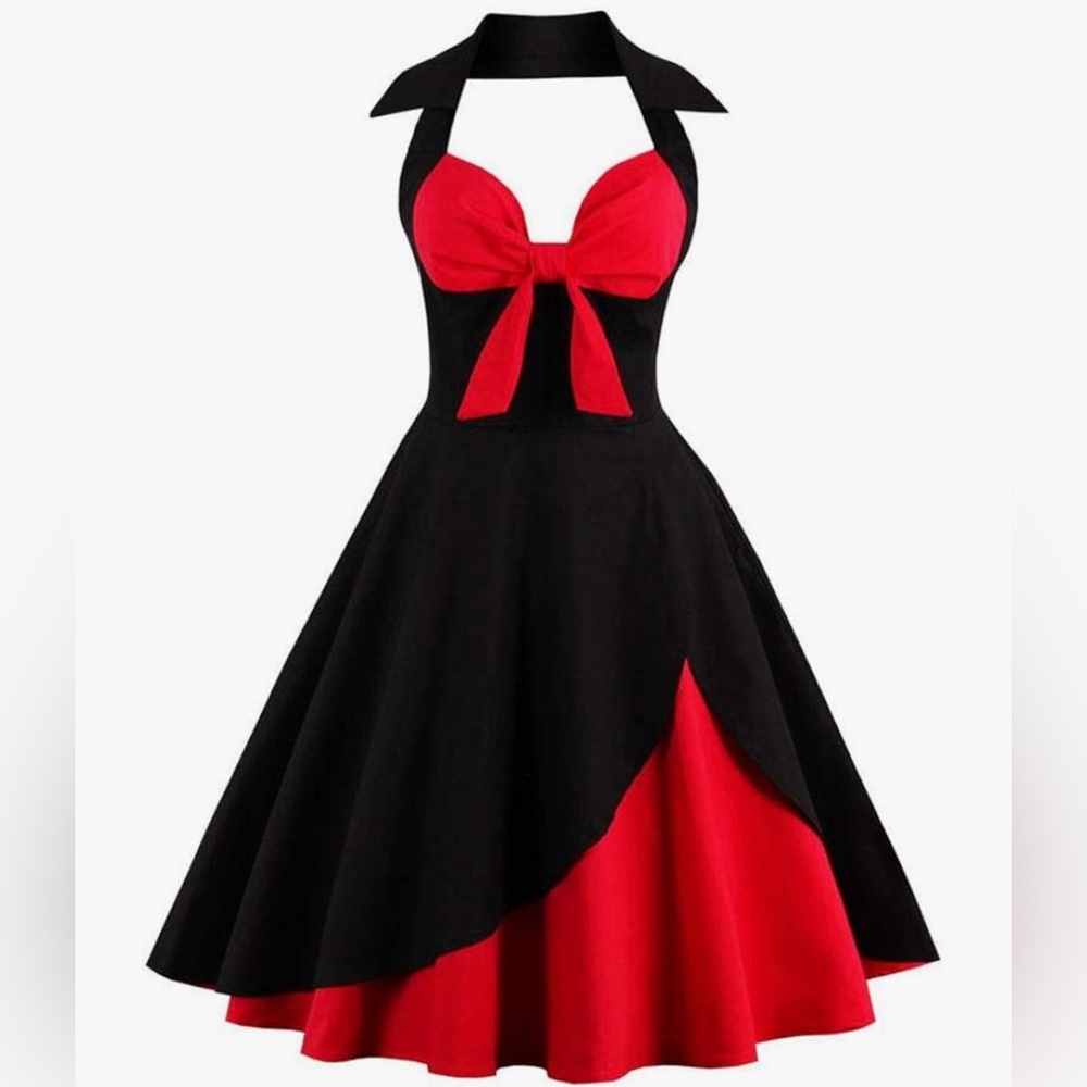Red Polka Dot Halter Dress Rockabilly Vintage 1950s Pinup Retro